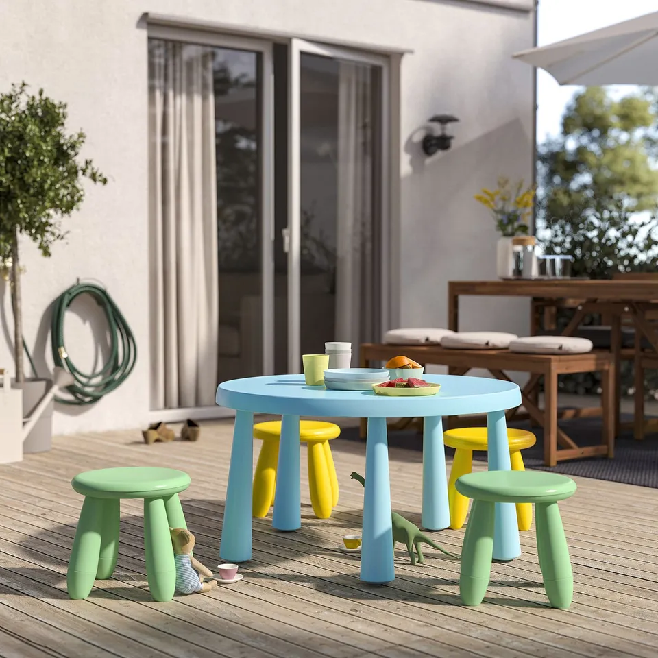 Kids outdoor table & stools set - blue, yellow, green - lightweight & space-saving
