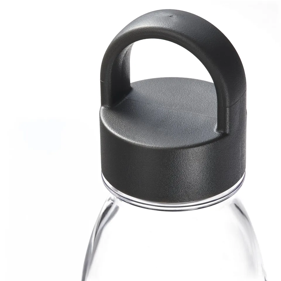 Clear plastic bottle with black lid and loop handle, designed for durability and ease of use.