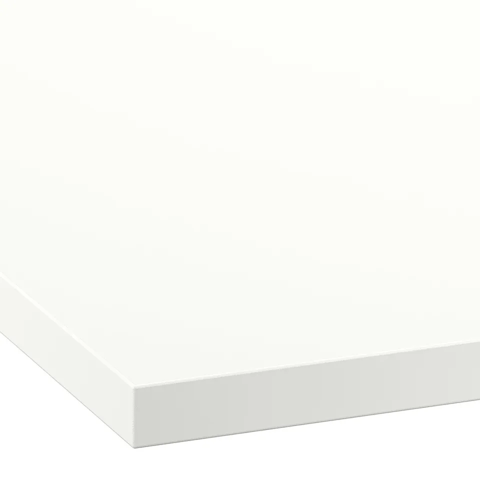 Modern white laminate countertop showcased, sleek surface, edged seamlessly, high quality.