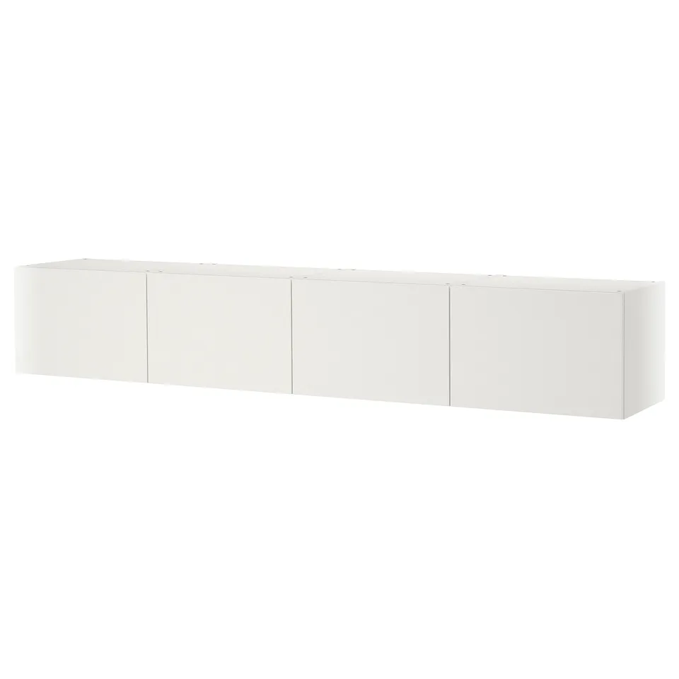 White PLATSA wall storage unit with multiple cabinets and doors.