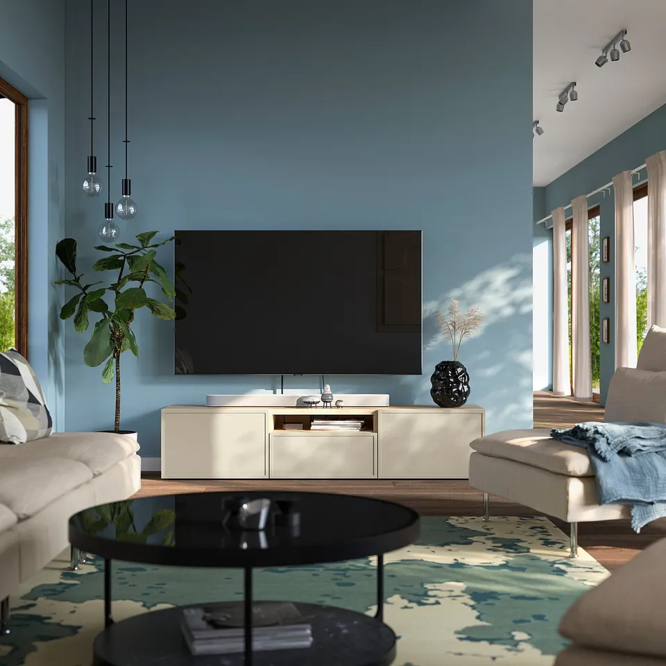 BESTÅ TV bench, white stained oak effect/Krukmakare beige, 180x42x39 cm