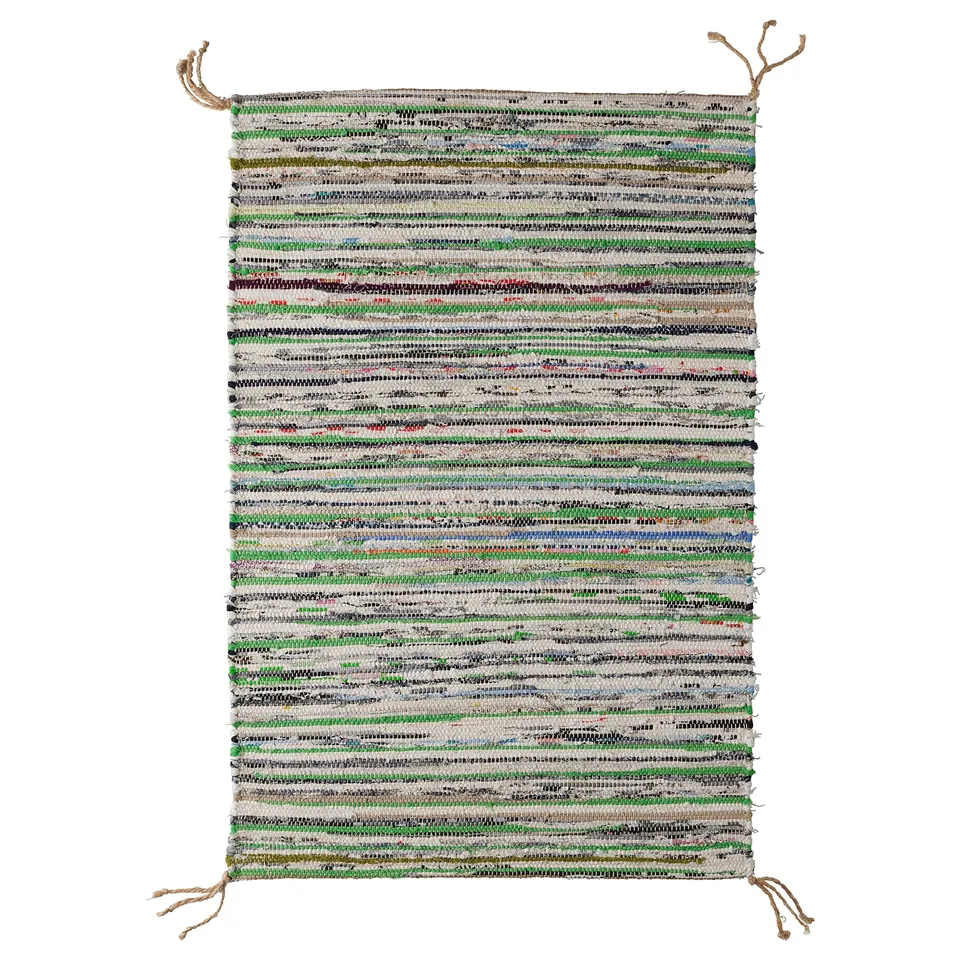 Rectangular TÅNUM rug with mixed green, white, and colourful stripes, woven from cotton.
