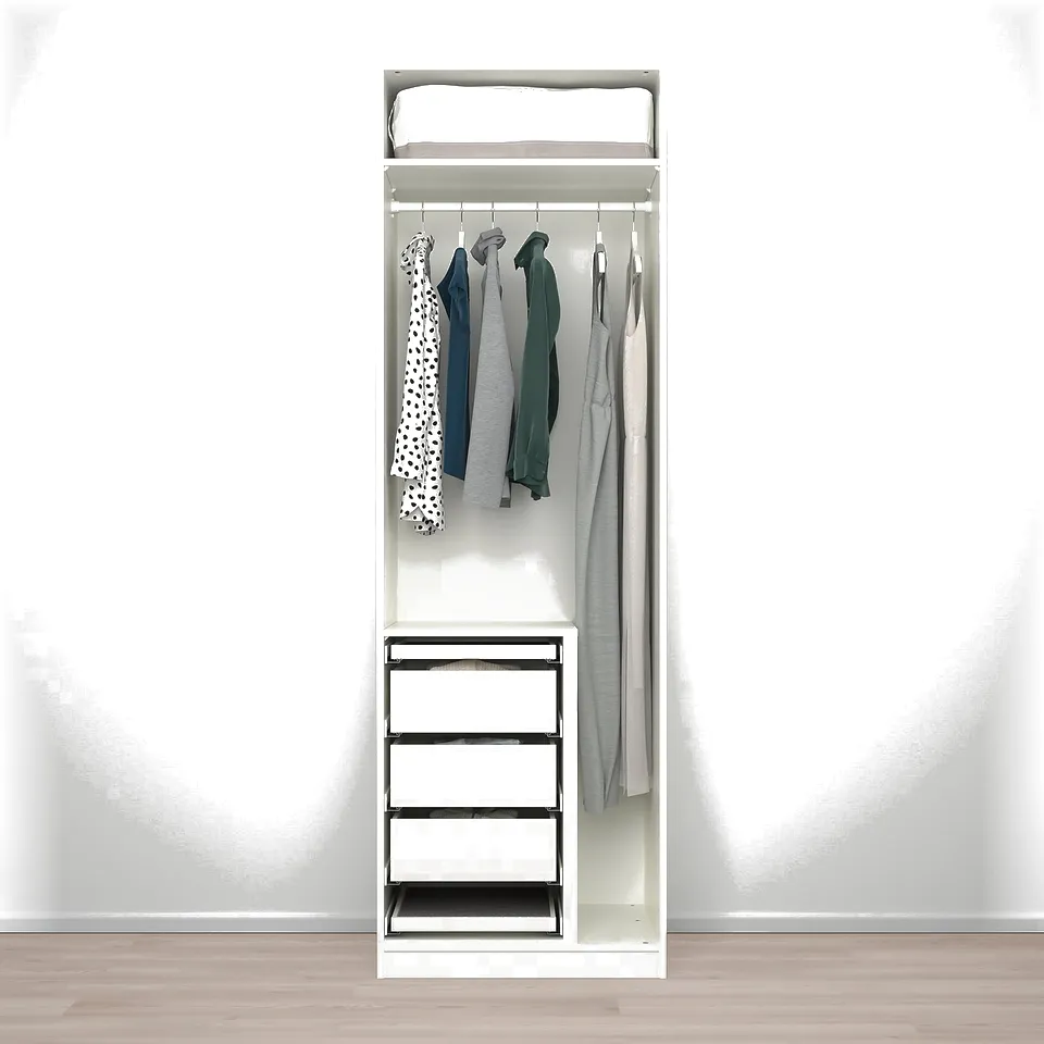 Narrow wardrobe with drawers, hangers, & shelves.