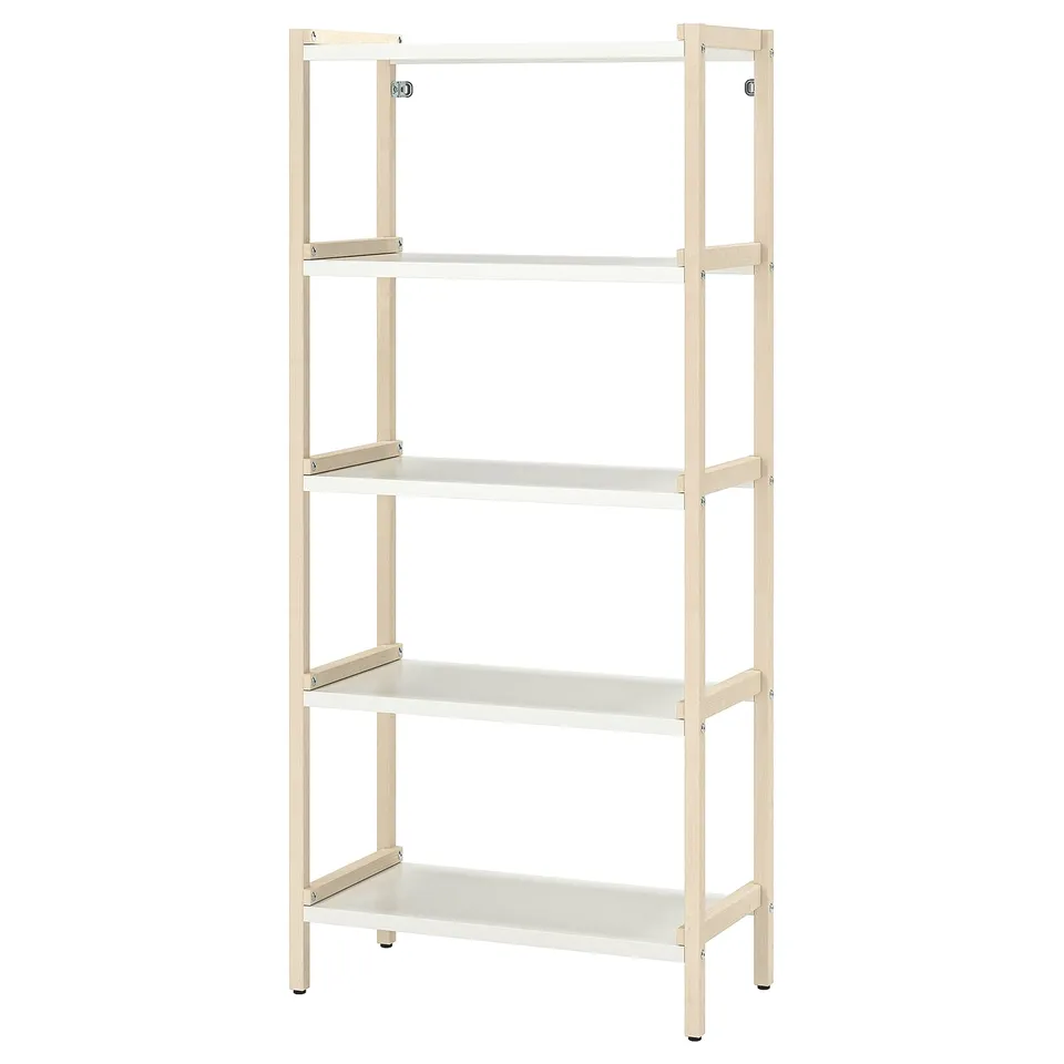 EKENABBEN: light beige shelving unit with four levels, simple and minimalist design, made of steel and wood for versatile storage.