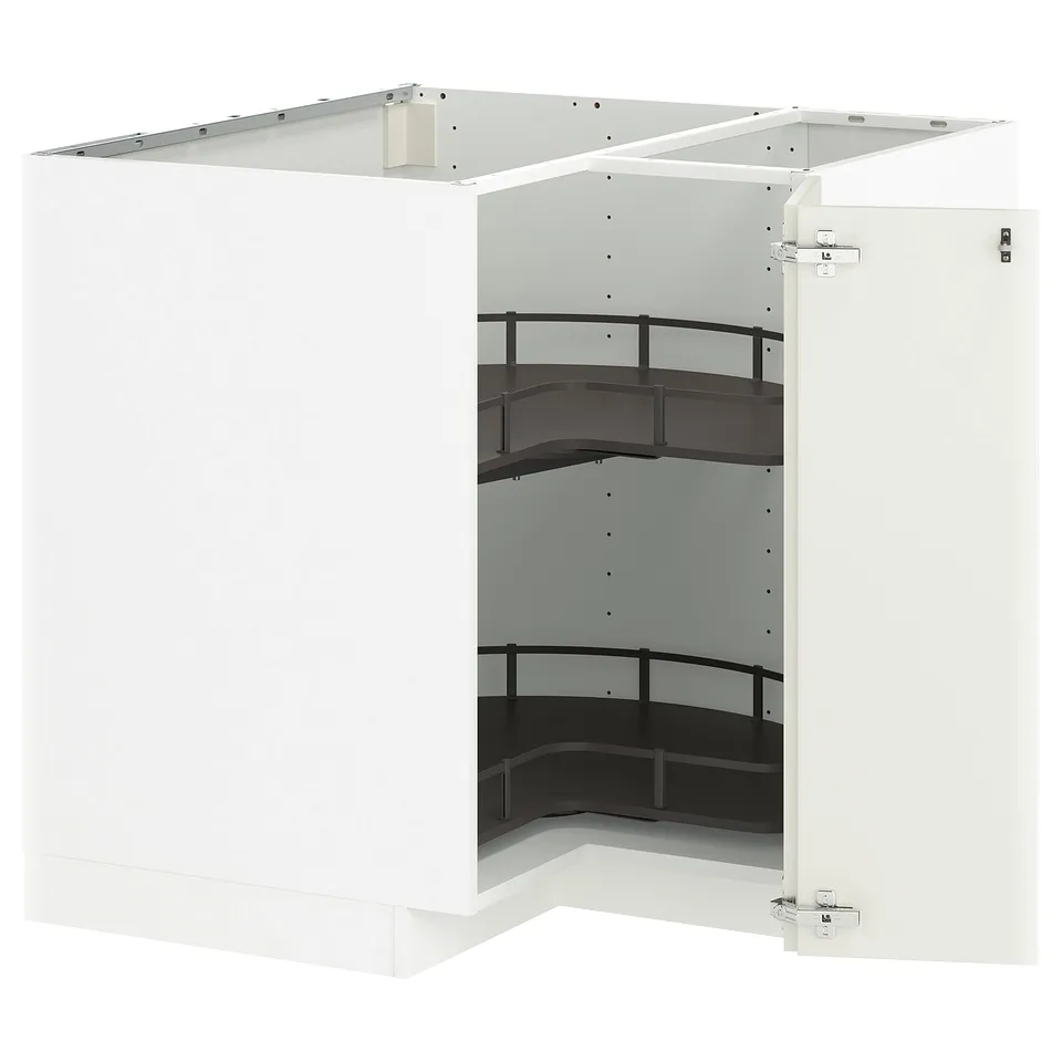 White kitchen cabinet set METOD with rotating shelves. Modern, space-saving design.