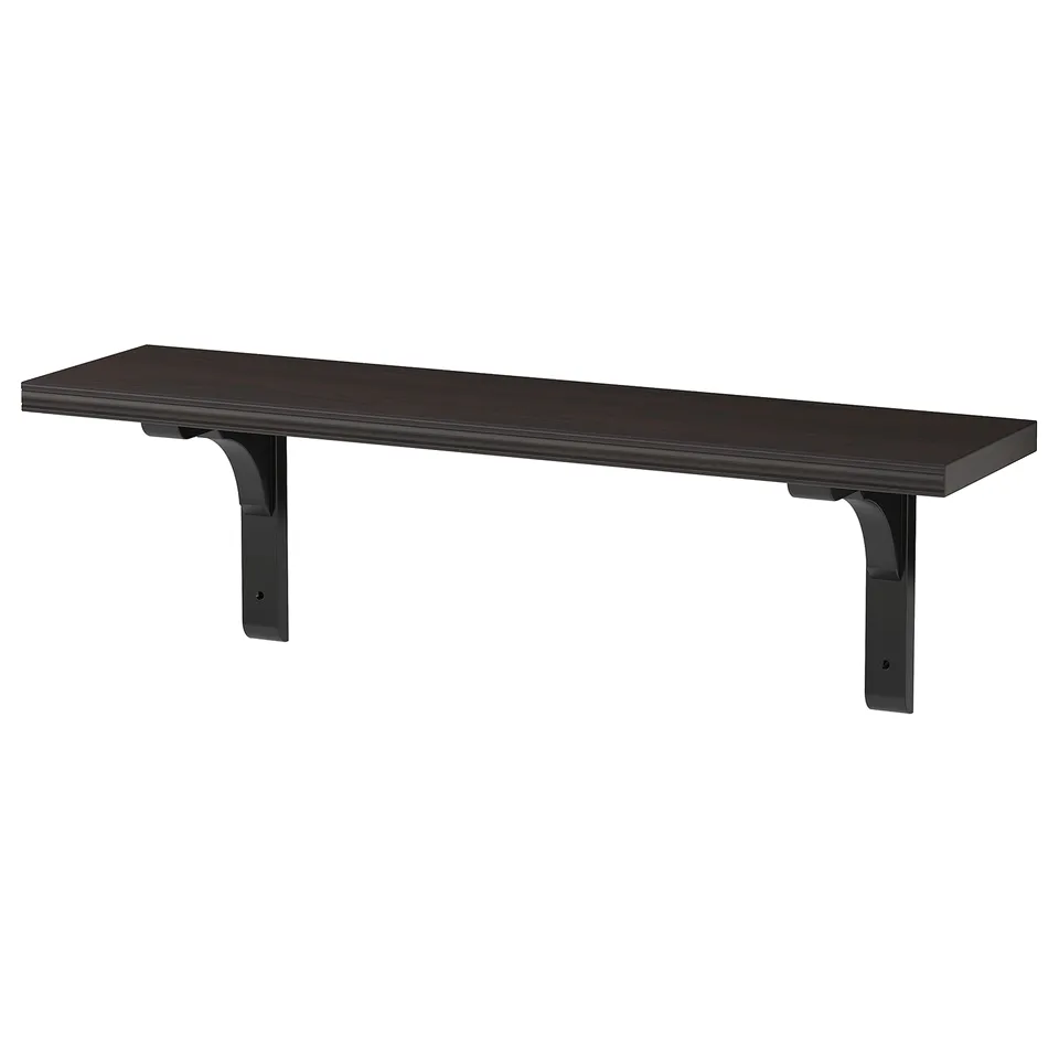 Black BERGSHULT wall shelf, rectangular, simple design with beveled/smooth edges, wooden material.