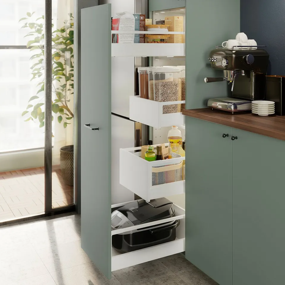Open kitchen cabinet with pull-outs displaying jars, bottles, and containers, containing various dry foods and oils, organised for easy access.