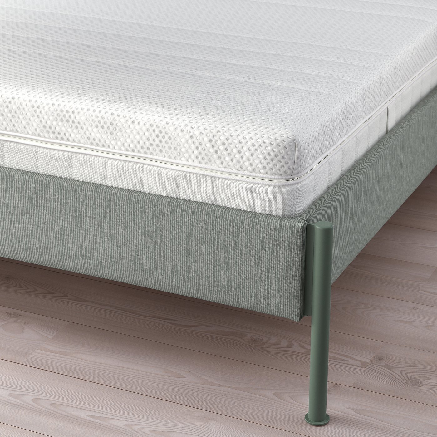Modern bed frame with adjustable sides and padded headboard. Grey-green striped fabric and metal legs.