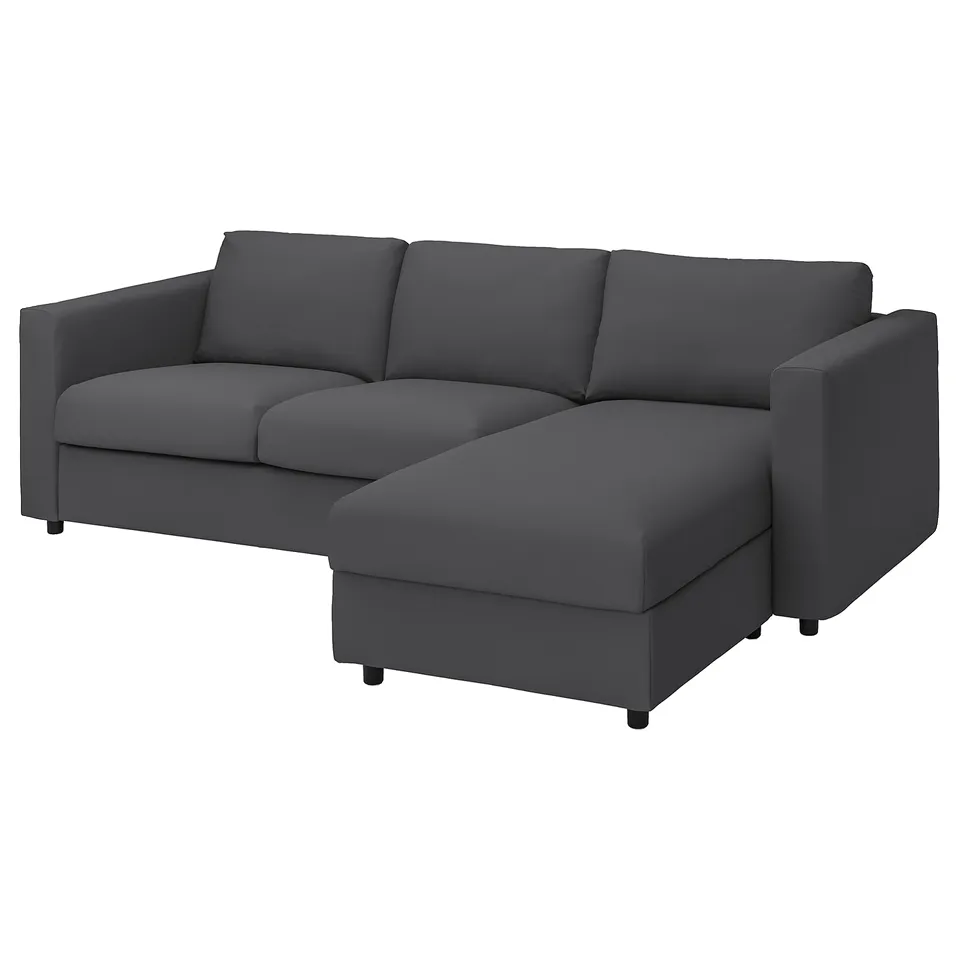 Image shows a VIMLE sectional sofa, dark grey, modern, with clean lines, and a chaise lounge.