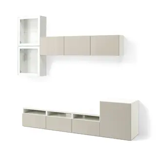 BESTÅ TV storage combination/glass doors, white/Selsviken high-gloss/beige clear glass, 300x42x211 cm