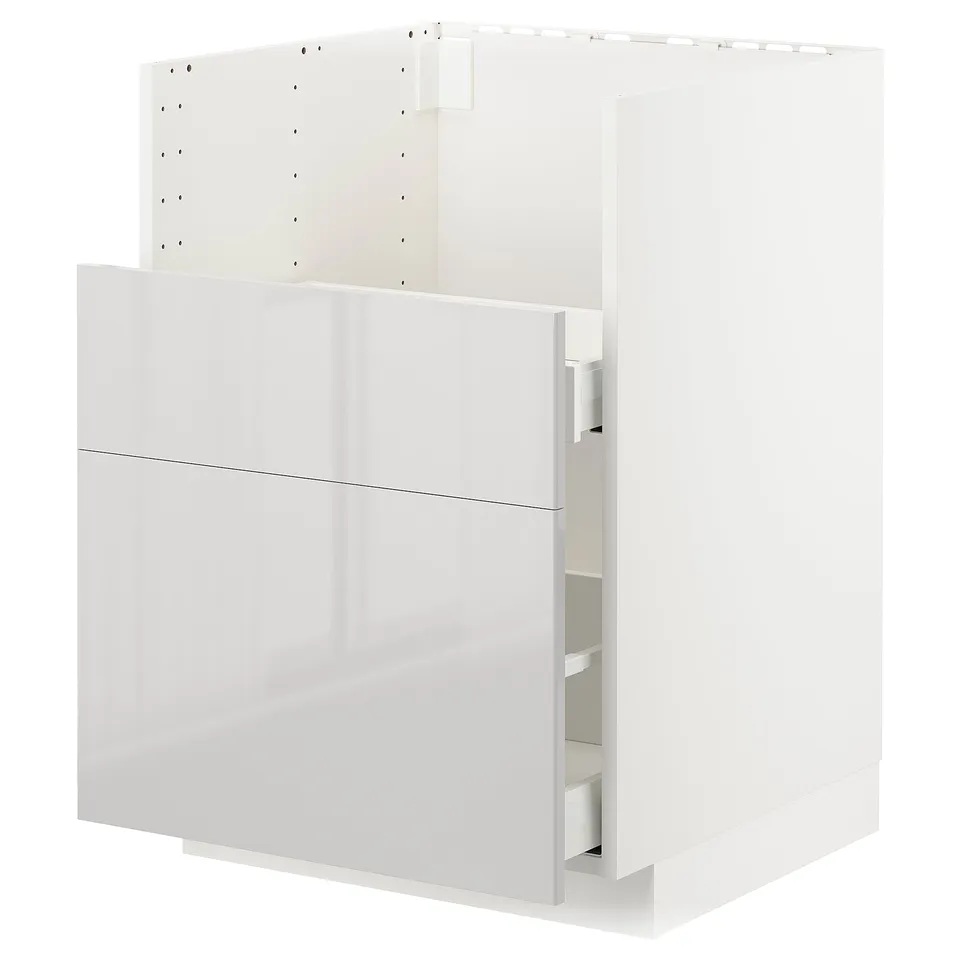 Modern white METOD kitchen cabinet with glossy grey drawer, suitable for appliances or sink, smooth drawers, sturdy frame.