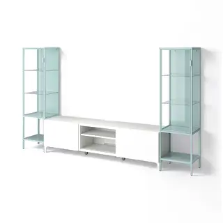 BESTÅ / RUDSTA TV/storage combination, white/light turquoise clear glass, Depth 42 x Height 155 x Width 264 cm