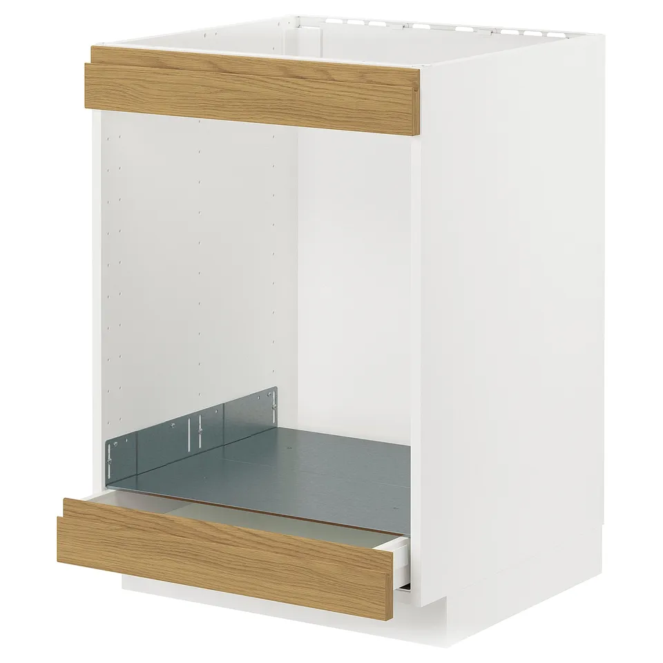 White METOD cabinet with oak drawer, single open shelf.