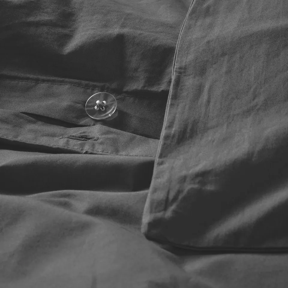 Close-up of duvet with button closure, showing crisp cotton texture.
