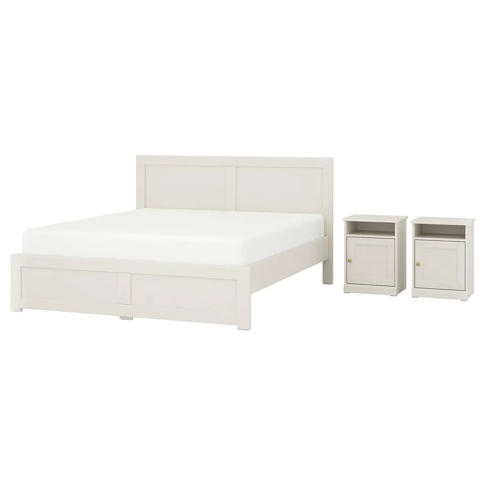 FÅGELFJÄLLET white bed & two nightstands, off-white, wooden, classic design.
