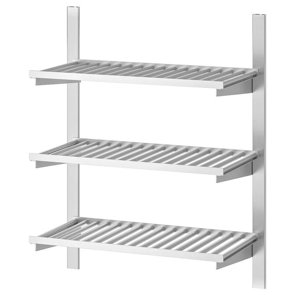 KUNGSFORS wall shelves, three-tier, stainless steel, modern design, ideal kitchen storage.