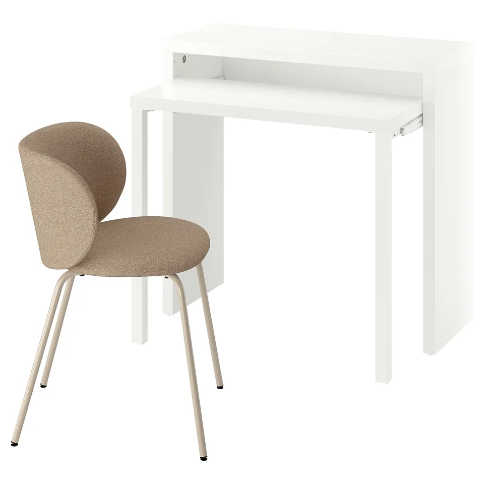 White compact desk & beige chair. Desk slides out; chair has curved back. Ideal for small spaces.