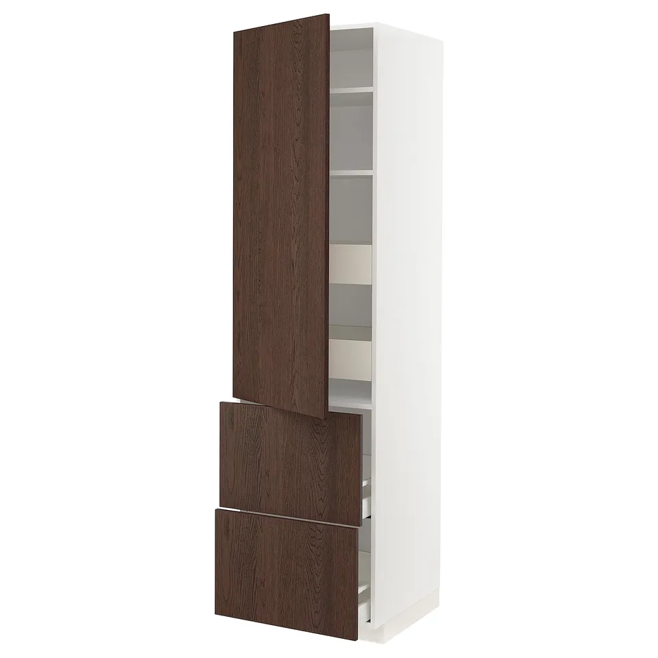 White METOD kitchen cabinet, dark brown drawers, tall, modern design.