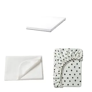 GRÖNFINK/LEN/PELLEPLUTT set: foam mattress for cot + mattress protector + fitted sheet for cot
