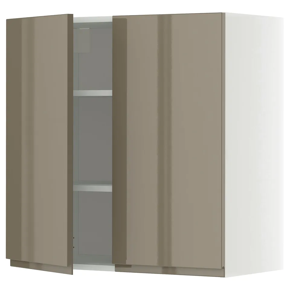 Modern kitchen cabinet with sleek, dark grey-brown high-gloss doors, featuring clean lines and minimalist design.