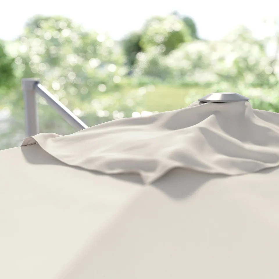 SVALÖN white sun parasol, rectangular, tilted design. Open fabric showcasing uv protective recycled polyester.