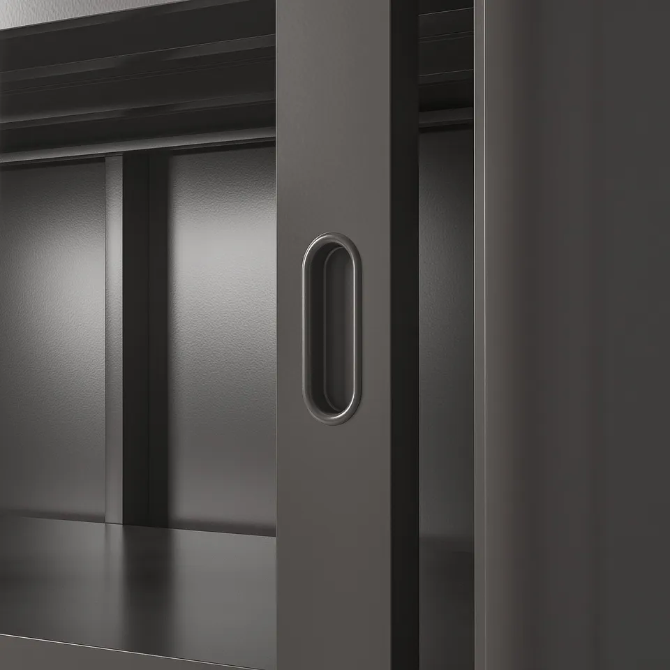 Sliding cabinet door with sleek handle; sturdy, modern design.