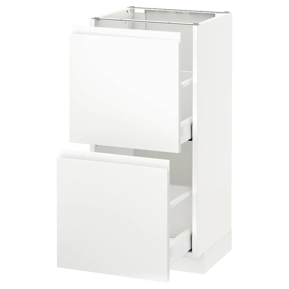 White modern kitchen cabinet with drawers.