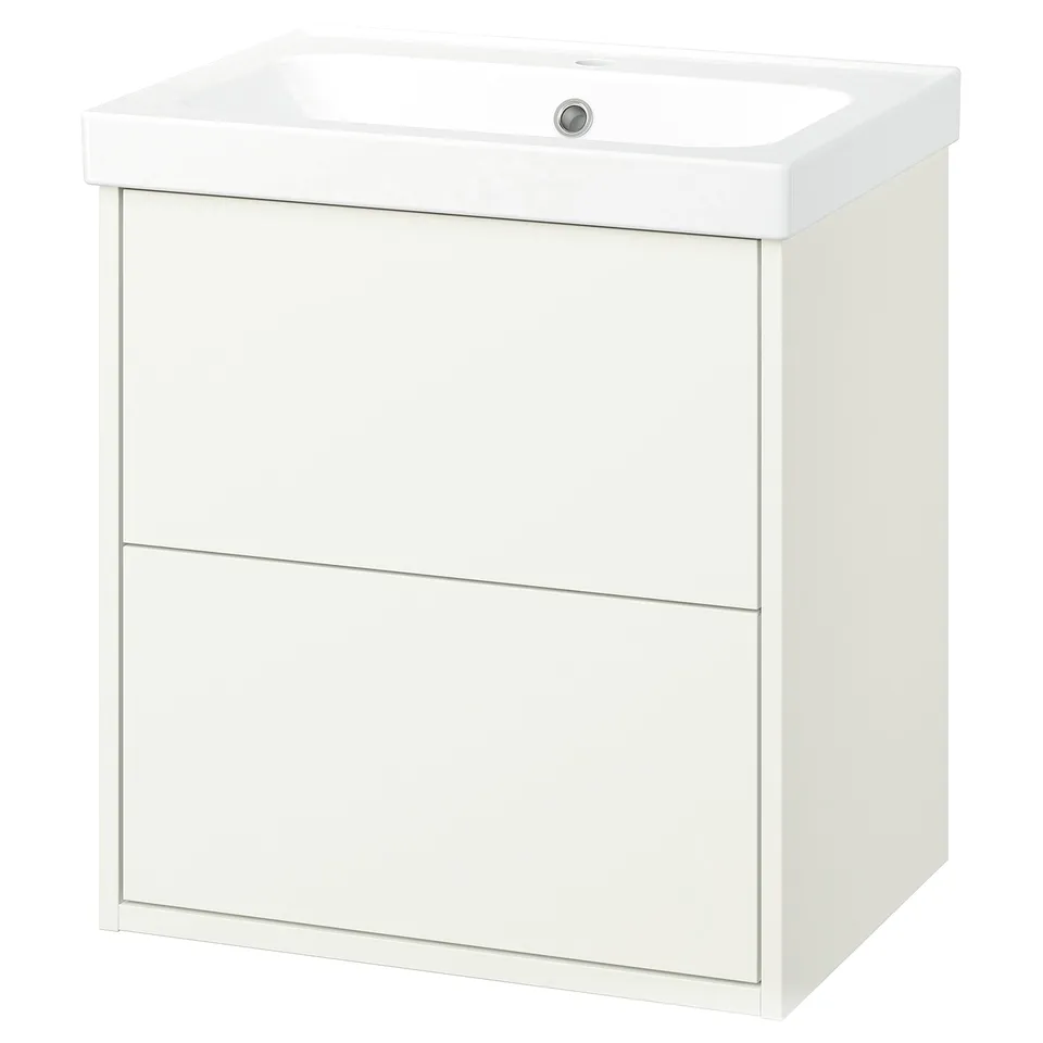 HAVBÄCK white bathroom vanity. Modern, wall-mounted design. Clean, straight lines. Two spacious drawers.