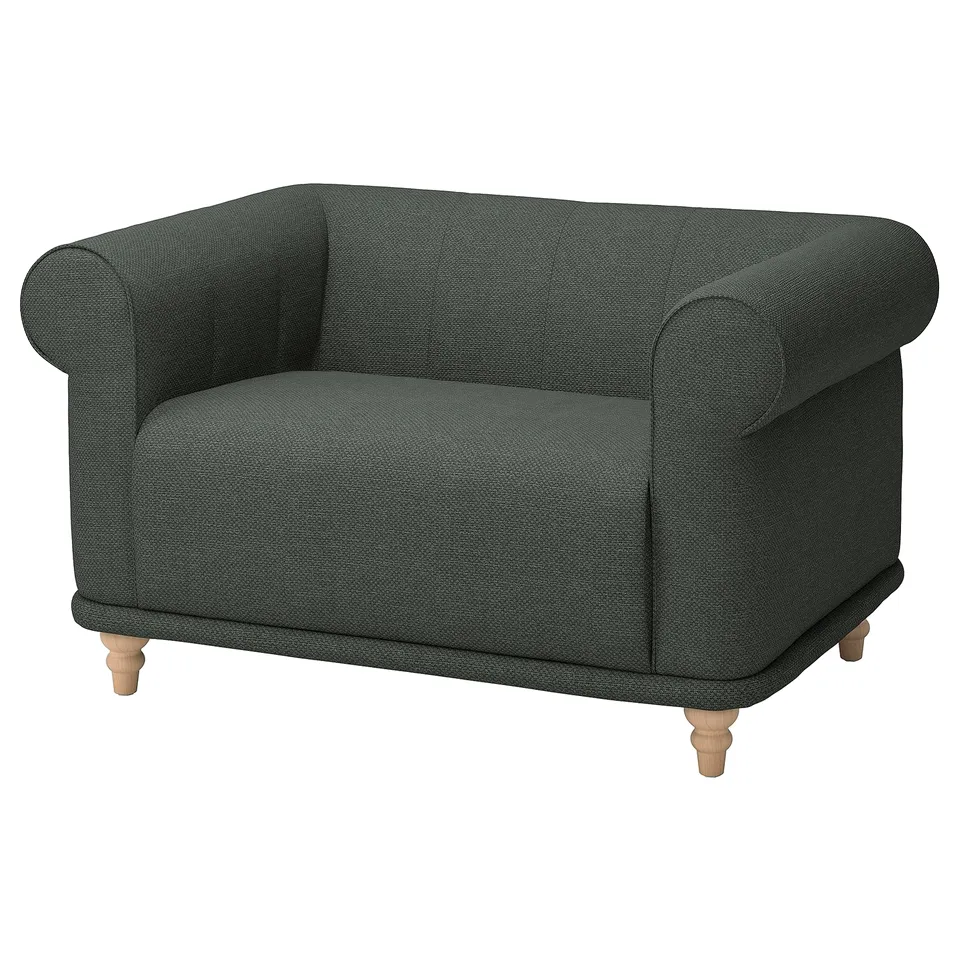 VISKAFORS green armchair, made of cotton & polyester, curved design, deep seat.