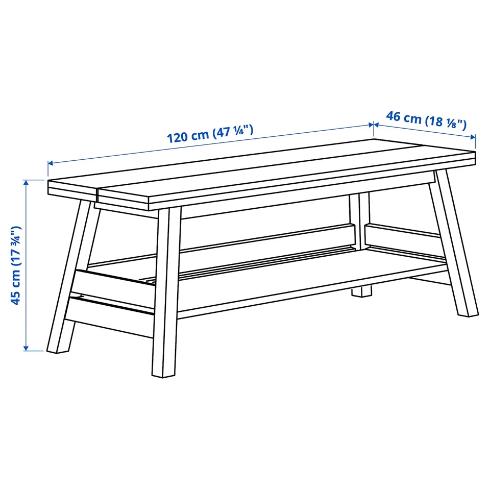 SKOGSTA Bench with storage, acacia/black, 120 cm