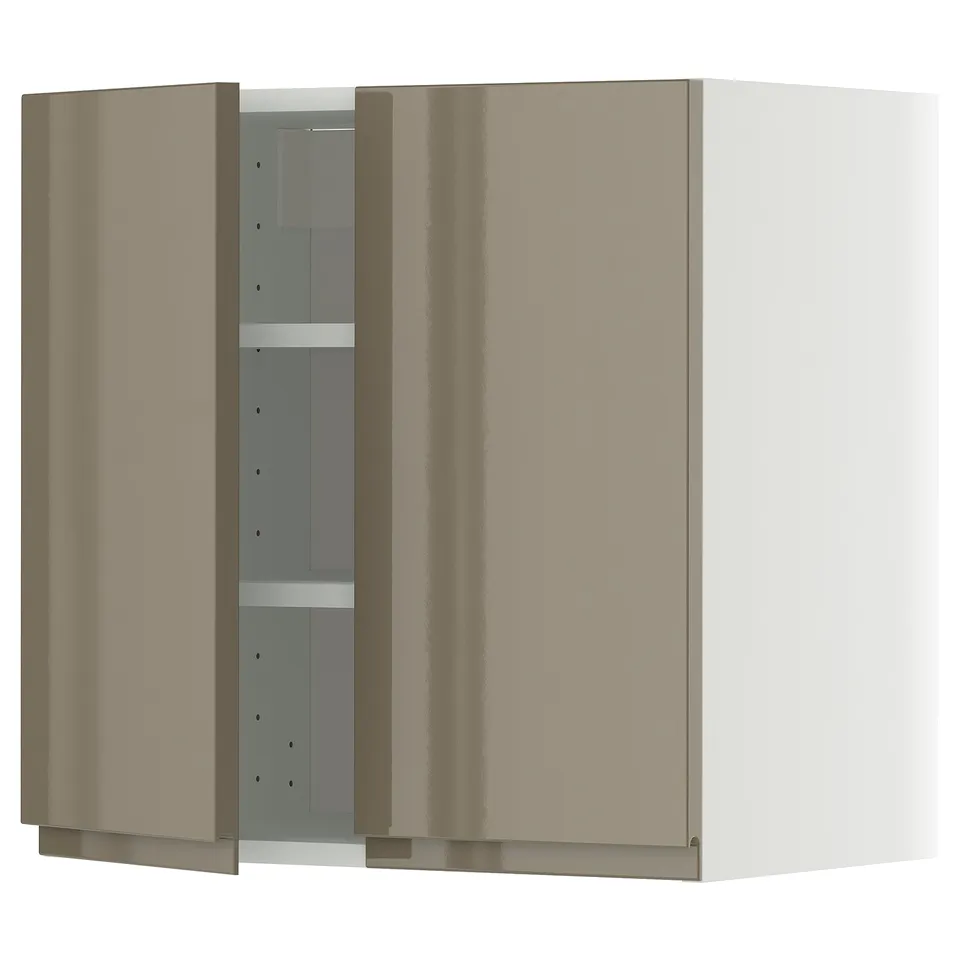 Modern glossy dark grey-brown kitchen cabinet with sleek handles, two adjustable shelves.