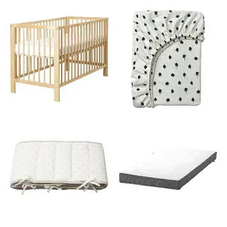 DRÖMMANDE/GRÖNFINK/GULLIVER/LENAST set: cot + fitted sheet for cot + bumper pad + pocket spring mattress for cot