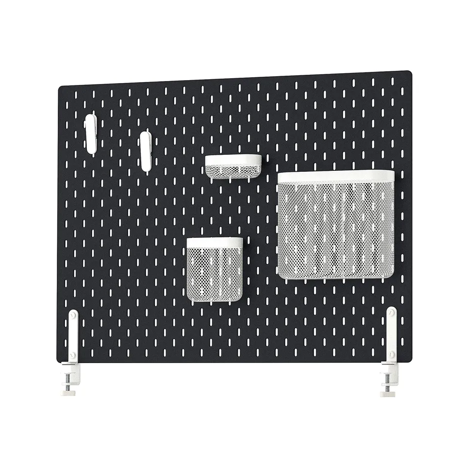 Skads pegboard organiser, black, metallic, rectangular, with mesh baskets.