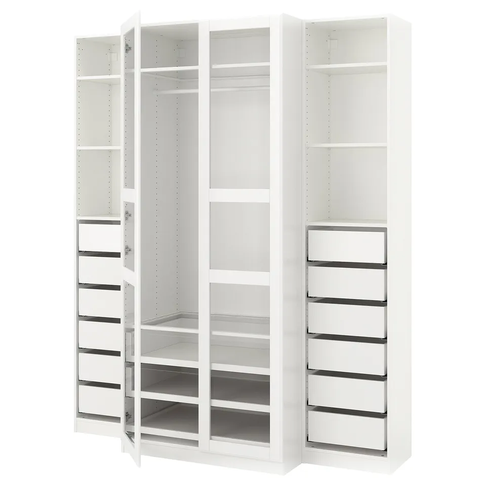 A white PAX wardrobe with multiple shelves and drawers, offering organised storage space.