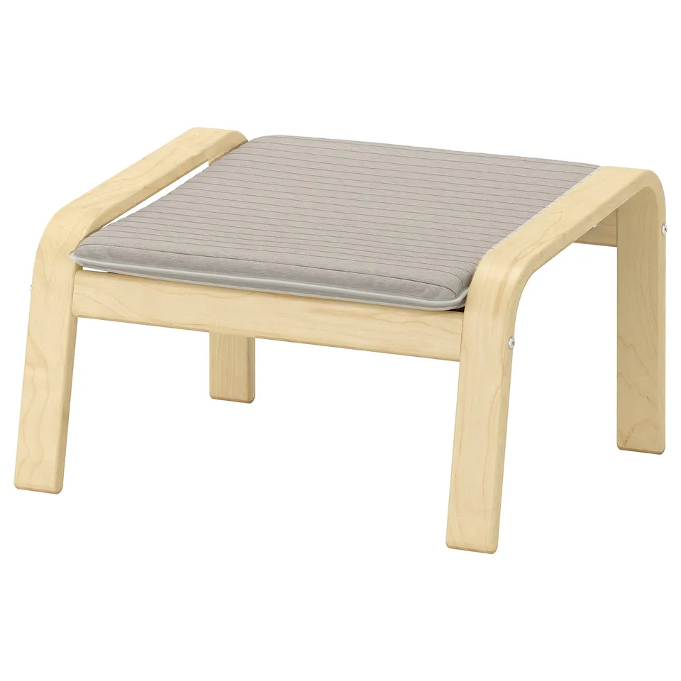 Ikea POÄNG footstool. Natural wood, light grey cushion. Bent frame, comfy resilience.