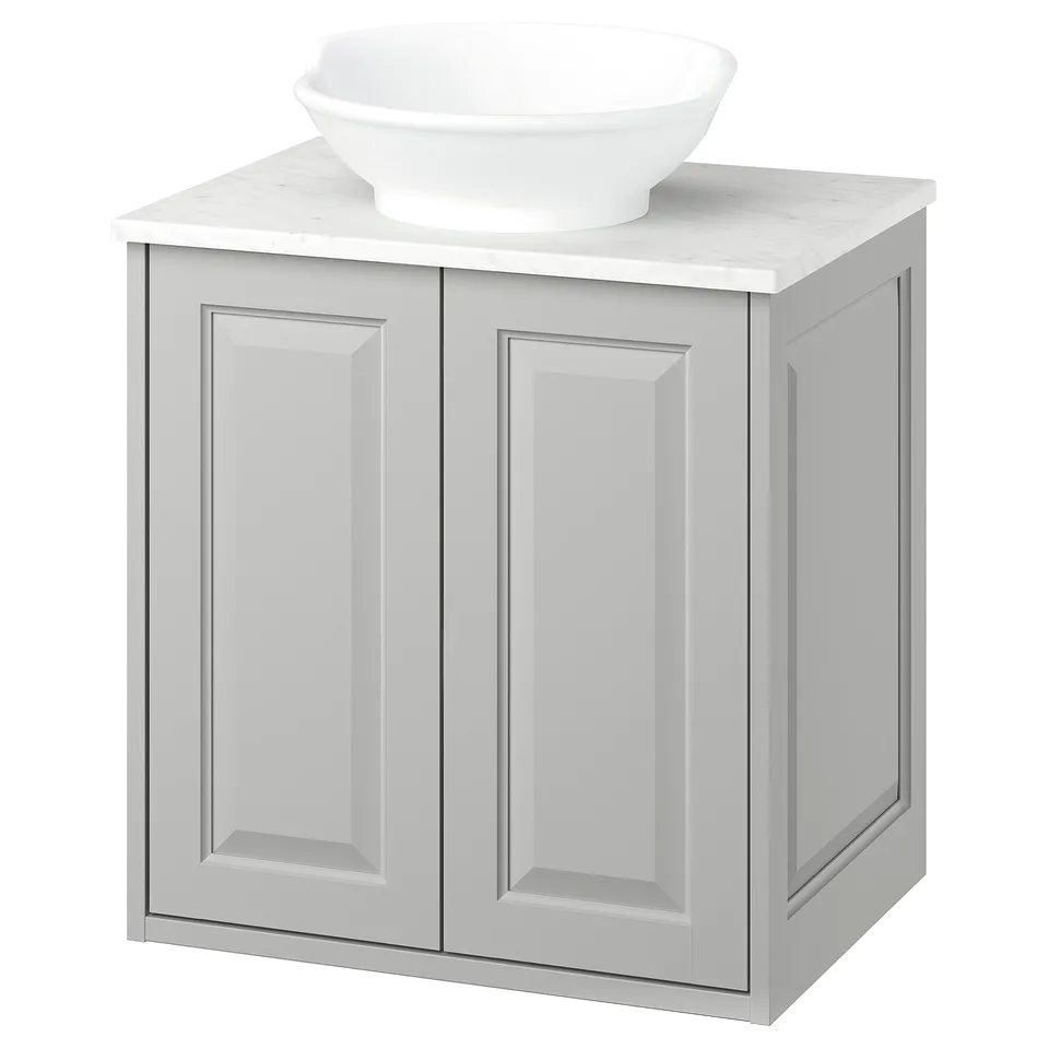 TÄNNFORSEN light grey bathroom cabinet with marble counter & sink, spacious storage.