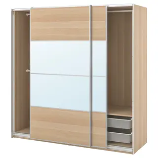PAX / MEHAMN/AULI wardrobe combination, white stained oak effect double sided/white stained oak effect mirror glass, Width 200.0 x Depth 66.0 x Height 201.2 cm