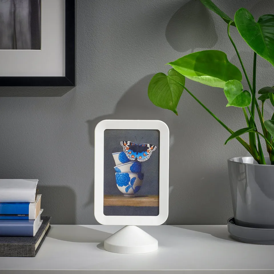 Tabletop digital photo frame displays two photos, one on each side. Surrounded by books, plants, and decor.