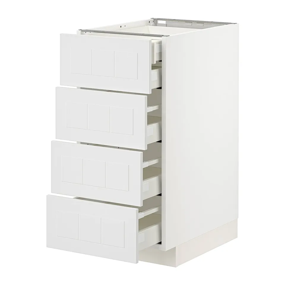 White METOD kitchen unit with four open drawers, sleek modern design.