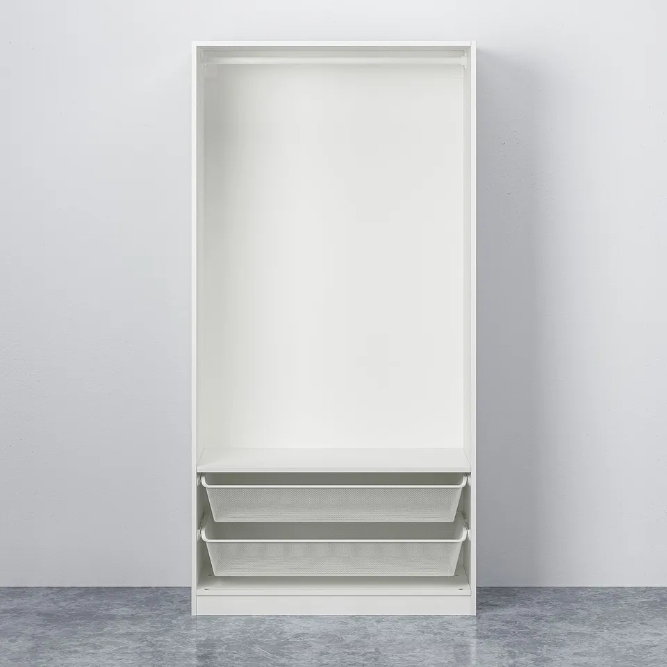 Minimalist, freestanding wardrobe with mesh drawers; adjustable feet; hinges included.