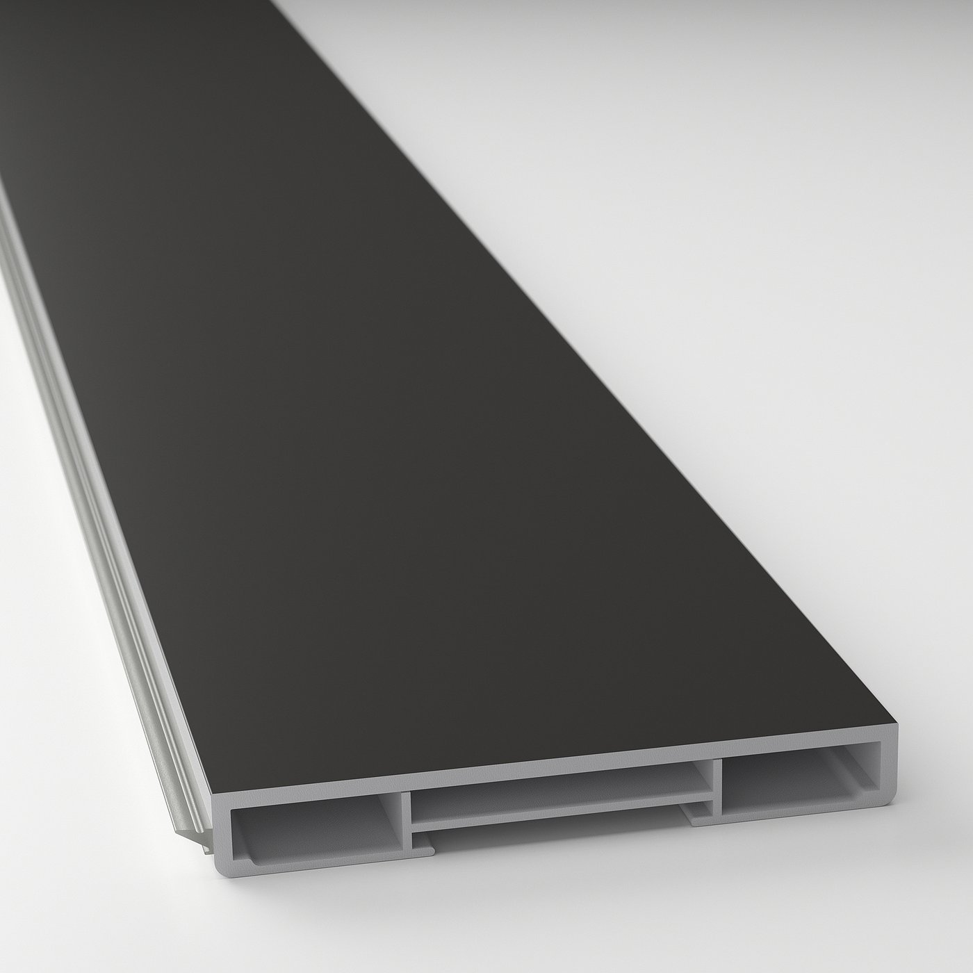 Modern, sleek black kitchen plinth. Durable, recycled plastic finish.