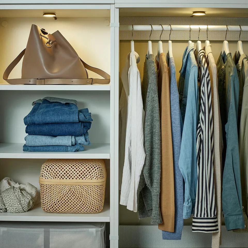 Closet with clothes, handbag, jeans, basket, scarf. Bright spotlights.
