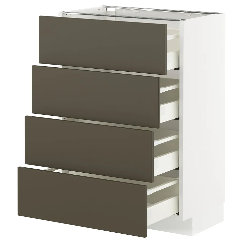 Modern white kitchen unit with dark brown drawers, sleek design, four drawers.
