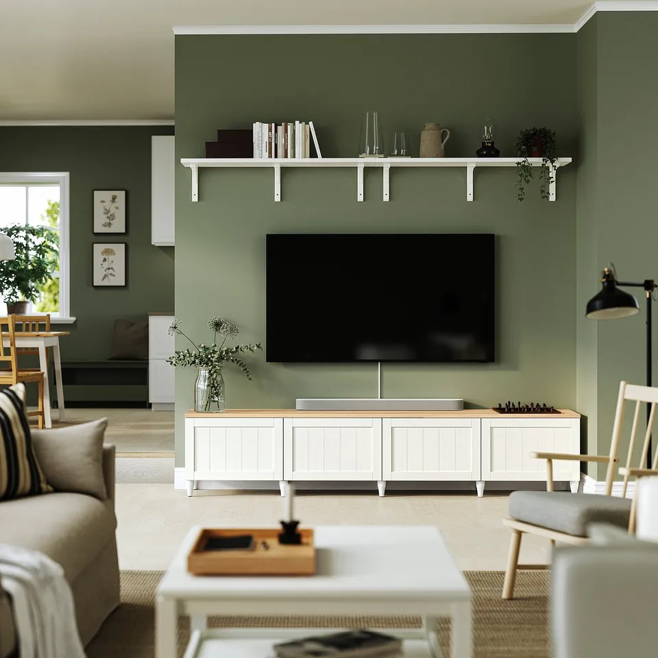 BESTÅ TV bench with doors, white/Pipmakare white, 240x42x50 cm