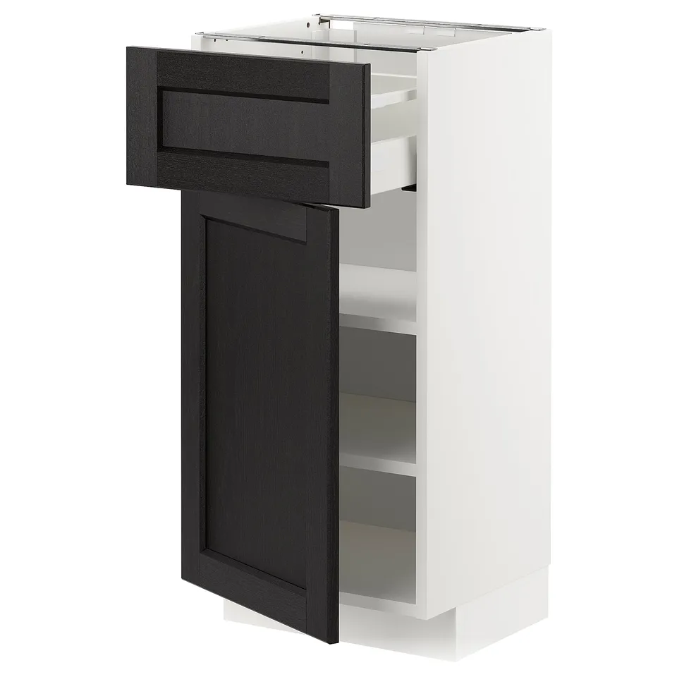 White METOD kitchen unit with black stained drawer and door, bevelled edges.
