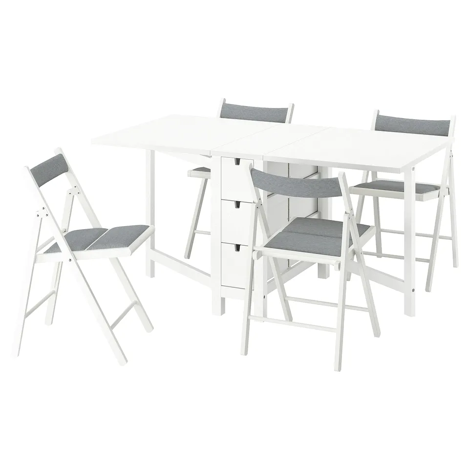 White NORDEN dining set - gateleg table & 4 foldable chairs, minimalist, space-saving.