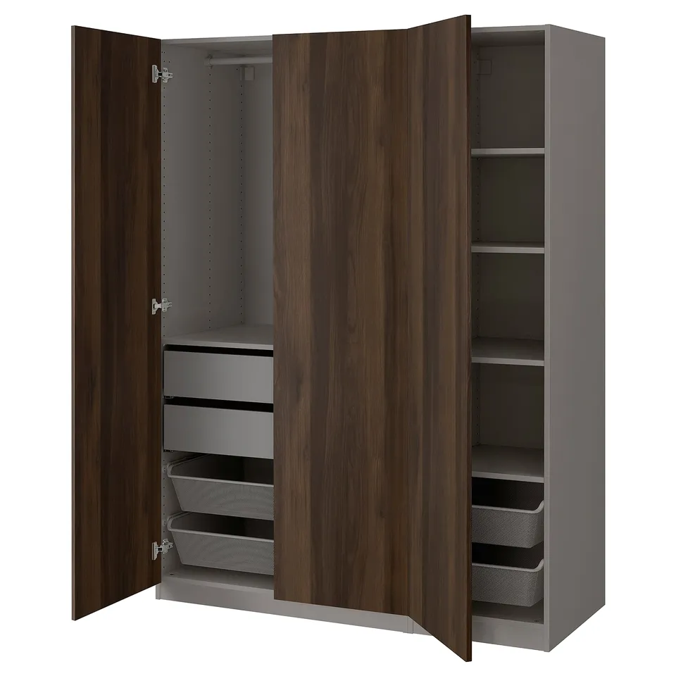 PAX wardrobe, dark brown. Shelves and mesh drawers, silver handles. Open doors reveal storage solutions.