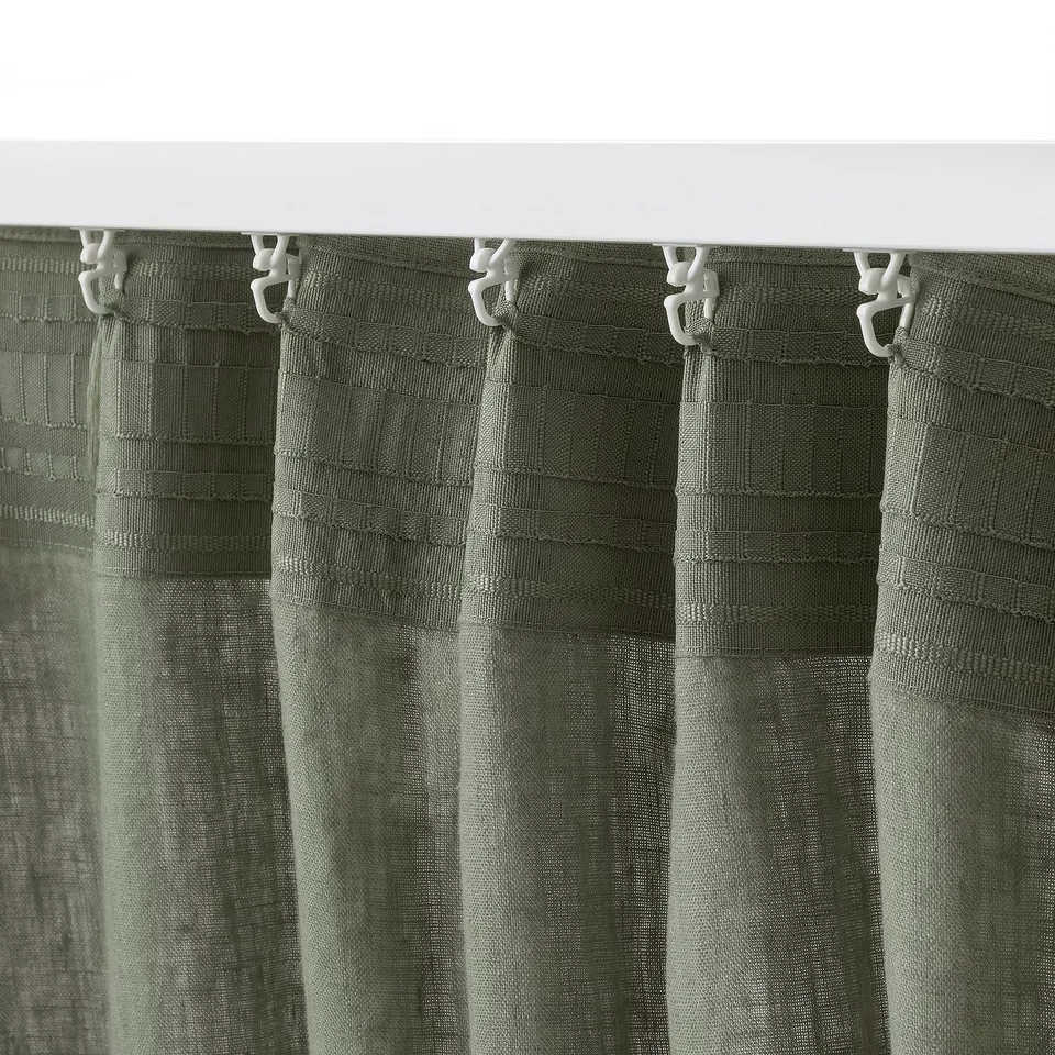 DYTÅG Curtains, 1 pair, grey-green/with heading tape, 145x250 cm