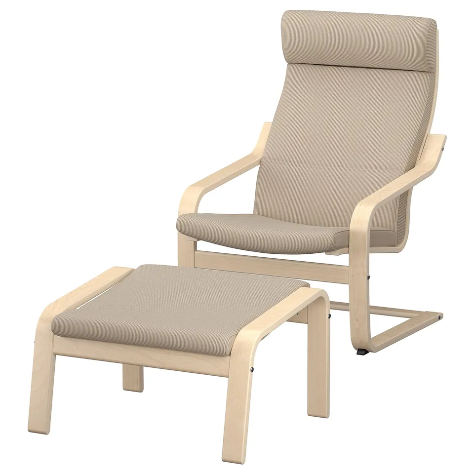 An IKEA POÄNG armchair and footstool in light beige, made of bentwood and soft, recycled polyester fabric.