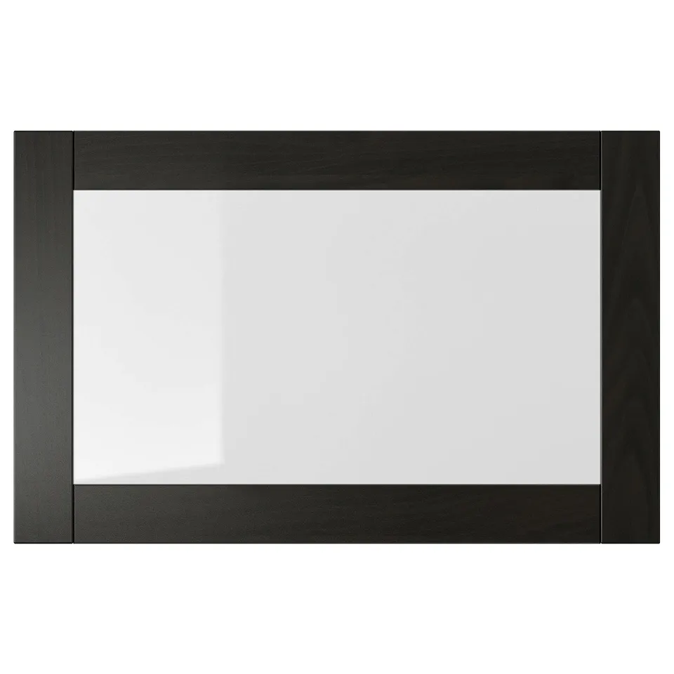 Black-brown glass-fronted frame, sleek and modern, with clear glass and black sides.